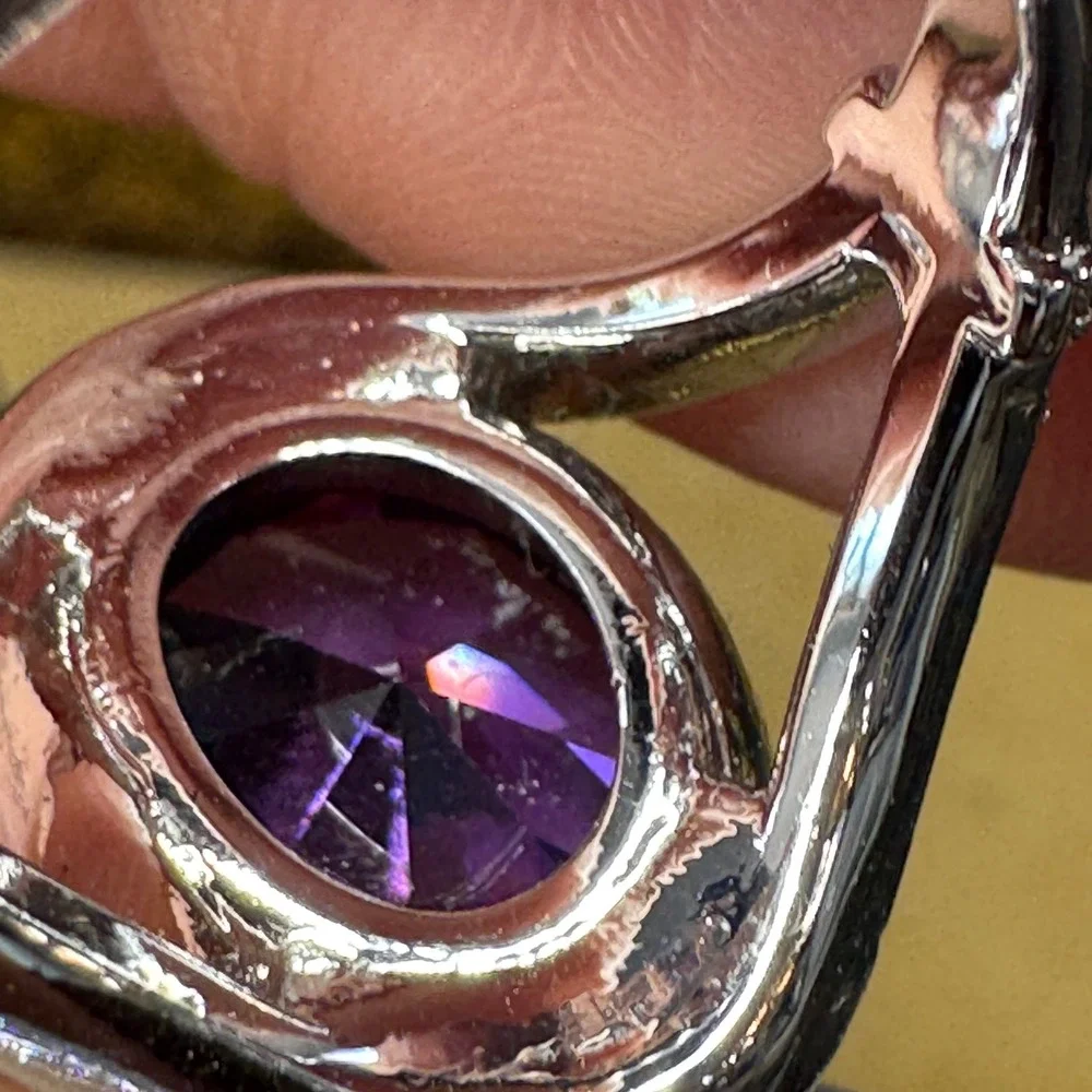 Bomb Party Purple Oval Cocktail‎ Ring Silver Tone Pave Accent Statement Size 7